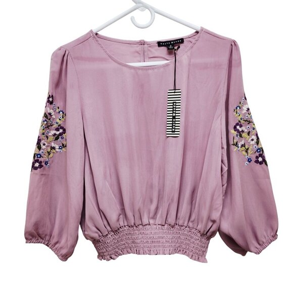 Womens Embroidered Sleeve Mauve Blouse With Smocked Hem By Haute Monde Size S - Picture 1 of 9